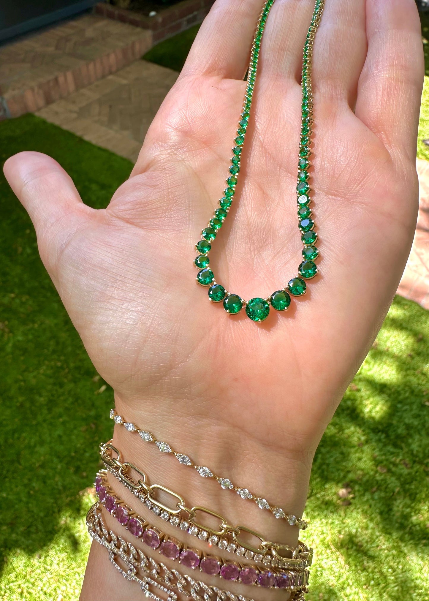 Graduated 3-Prong Lab Emerald Tennis Necklace