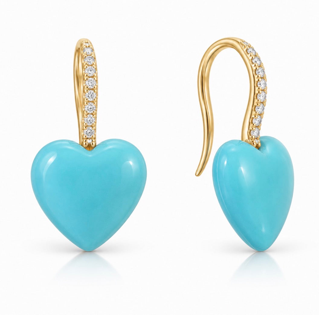 Turquoise & Diamond Heart Drop Hooks